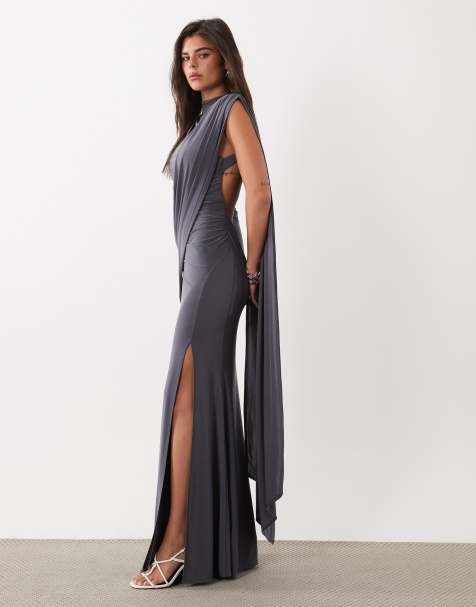 ASOS DESIGN one shoulder slinky maxi dress with sweeping sash detail in  charcoal - view 1