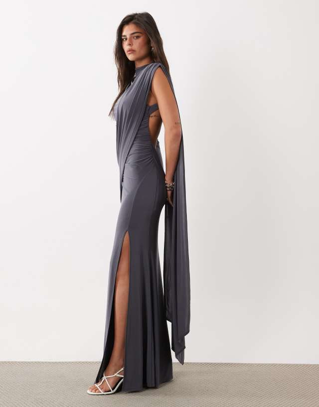 formal charcoal dress ASOS DESIGN one-shoulder slinky maxi with sweeping sash detail in AL:3126tues