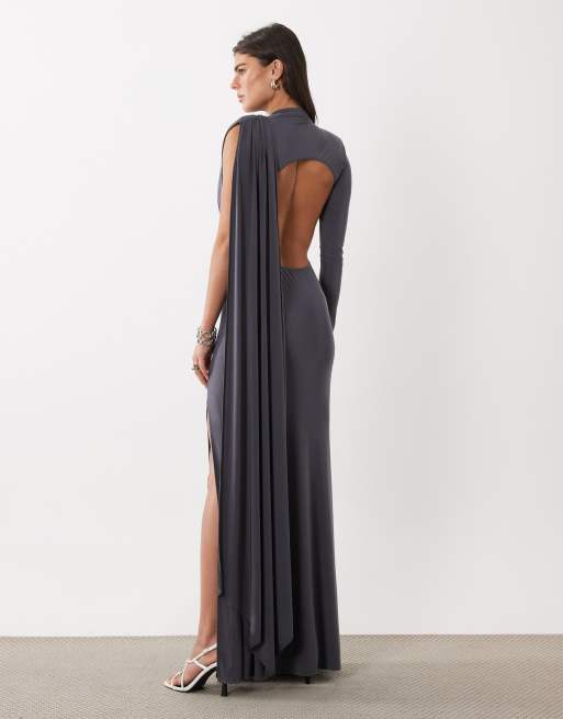 ASOS DESIGN one shoulder slinky maxi dress with sweeping sash detail in  charcoal, 4 of 4