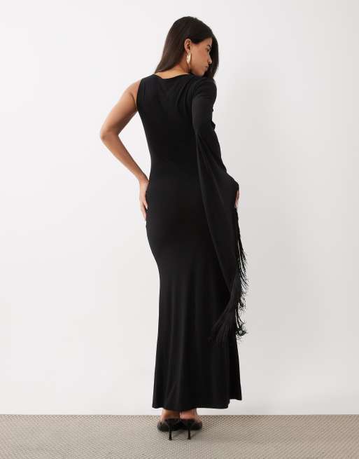 ASOS DESIGN one-shoulder slinky maxikjole med frynser og slids i sort, 3 af 4