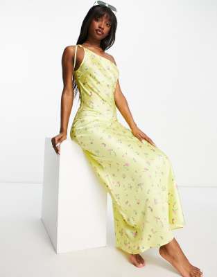 Asos Design One Shoulder Slip Maxi Beach Dress In Ditsy Floral