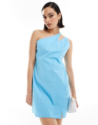 Asos Design One Shoulder Slit Strap Linen Look Mini Sundress In Bright Blue-multi
