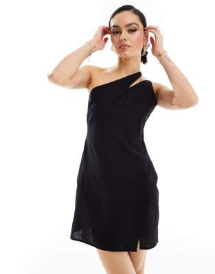 ASOS DESIGN one shoulder slit strap linen mix mini sundress in black