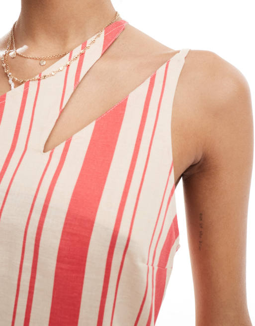 ASOS DESIGN one shoulder split strap linen look mini sundress in stripe
