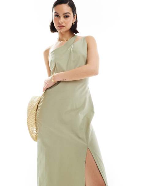 ASOS DESIGN one shoulder split strap linen midi sundress in sage green - view 1