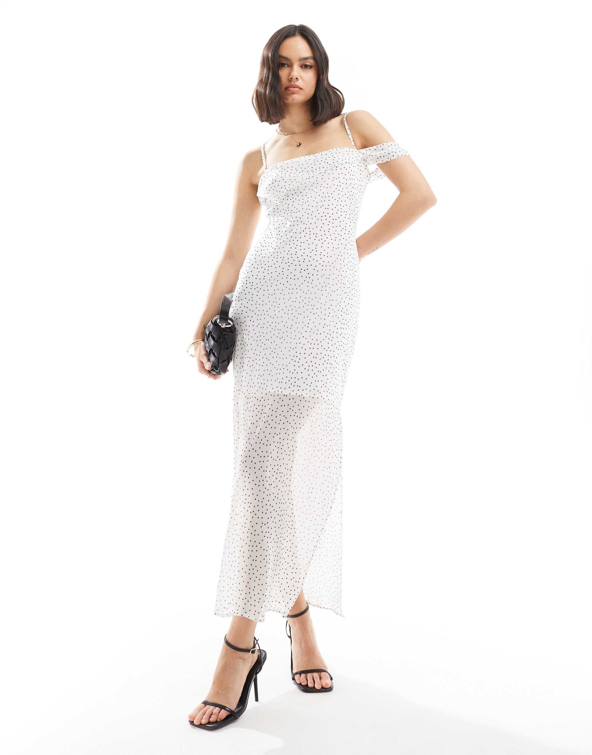 asos design one shoulder strap midi slip dress in ivory polka dot