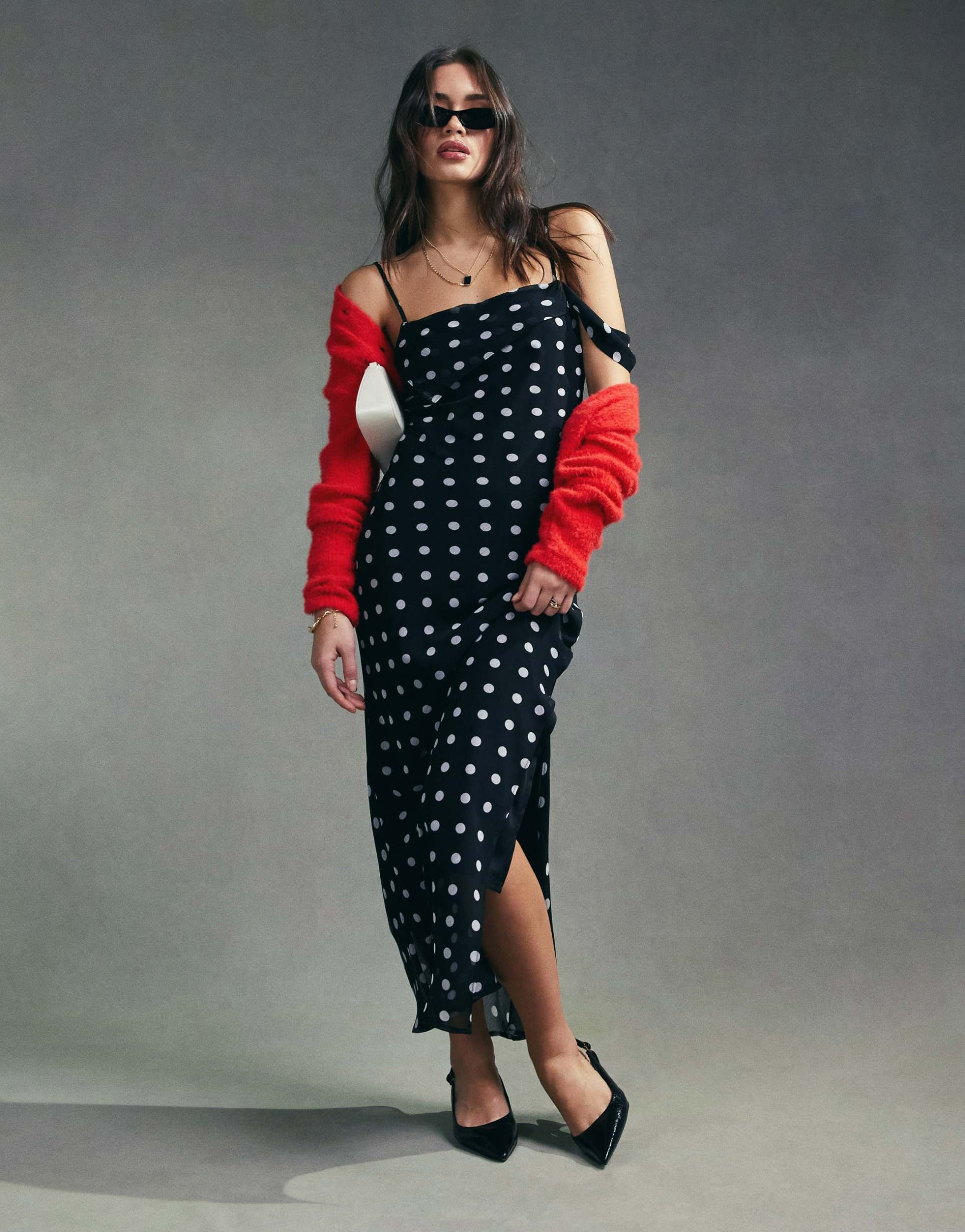 asos design one shoulder strap midi slip dress in mono spot