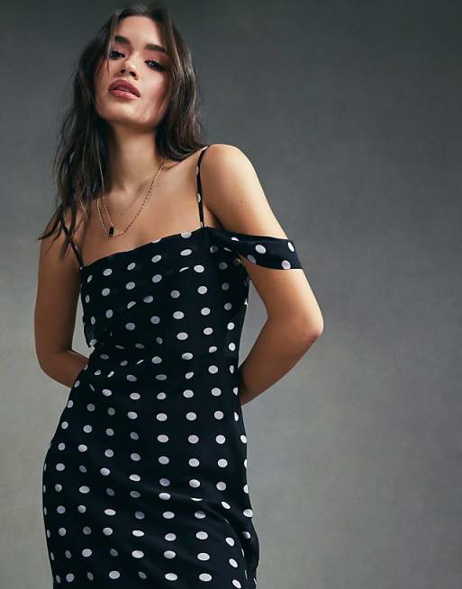 ASOS DESIGN one shoulder strap midi slip dress in mono spot ASOS DESIGN one shoulder strap midi slip dress in mono spot