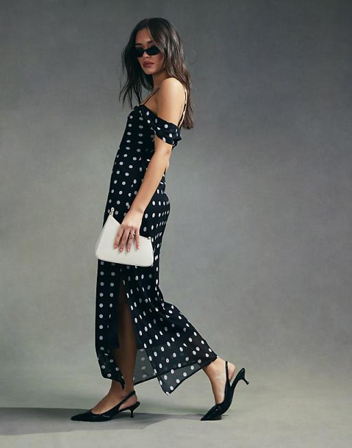 ASOS DESIGN one shoulder strap midi slip dress in mono spot ASOS DESIGN one shoulder strap midi slip dress in mono spot
