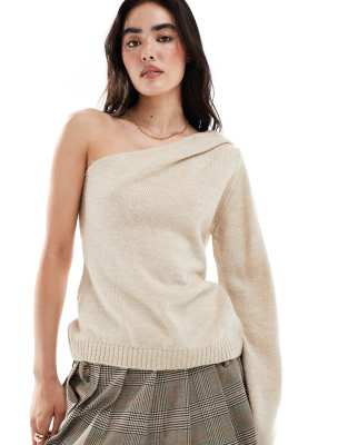 ASOS DESIGN - One-Shoulder-Strickpullover in Ecru mit Raffungen-Weiß