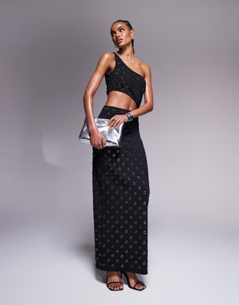 ASOS DESIGN one shoulder studded embellished column maxi dress in black - view 1
