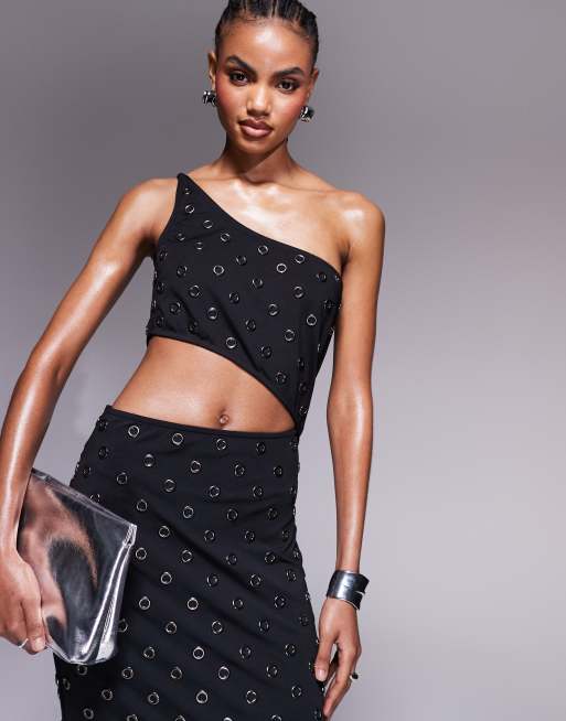 studded one shoulder dress Nasty Gal Women's Studded One Shoulder Faux Leather Mini Dress in Black