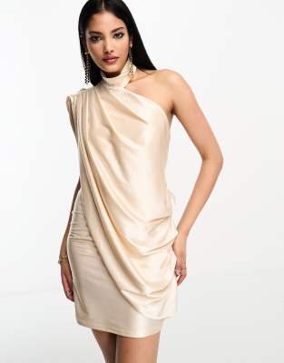 Asos Design One Shoulder Super Draped Asymmetric Neck Cowl Back Mini Dress In Stone-neutral