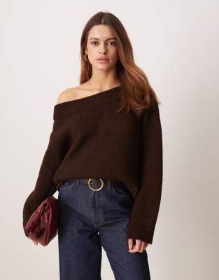 one-shoulder sweater in chocolate brown