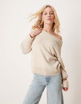 Asos Design One-shoulder Sweater In Oatmeal-white