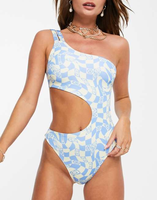 ASOS DESIGN one shoulder swimsuit in retro swirl floral print