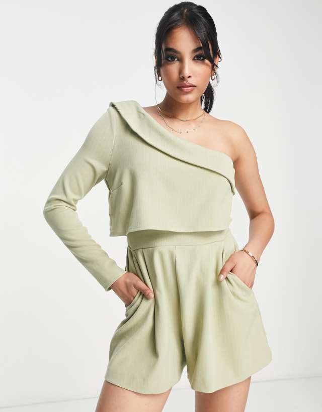 ASOS DESIGN - one shoulder tailoring playsuit in sage