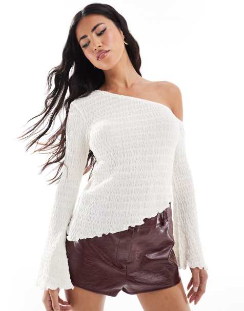 ASOS DESIGN one shoulder textured asymmetric top in ivory - view 1