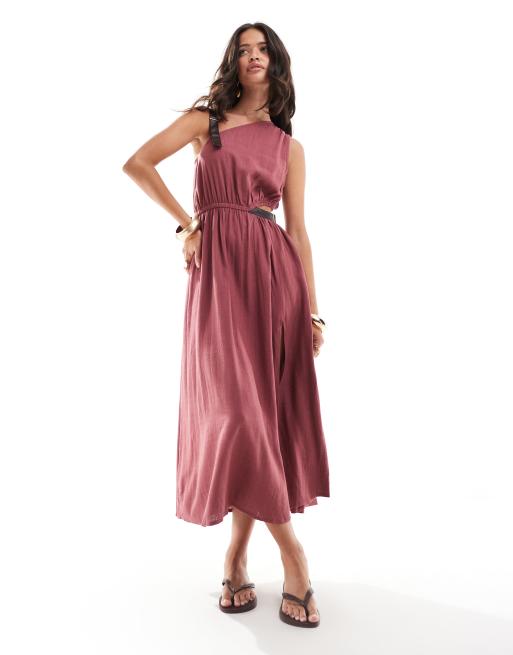 ASOS DESIGN one shoulder textured midi dress with PU trim detail in burgundy