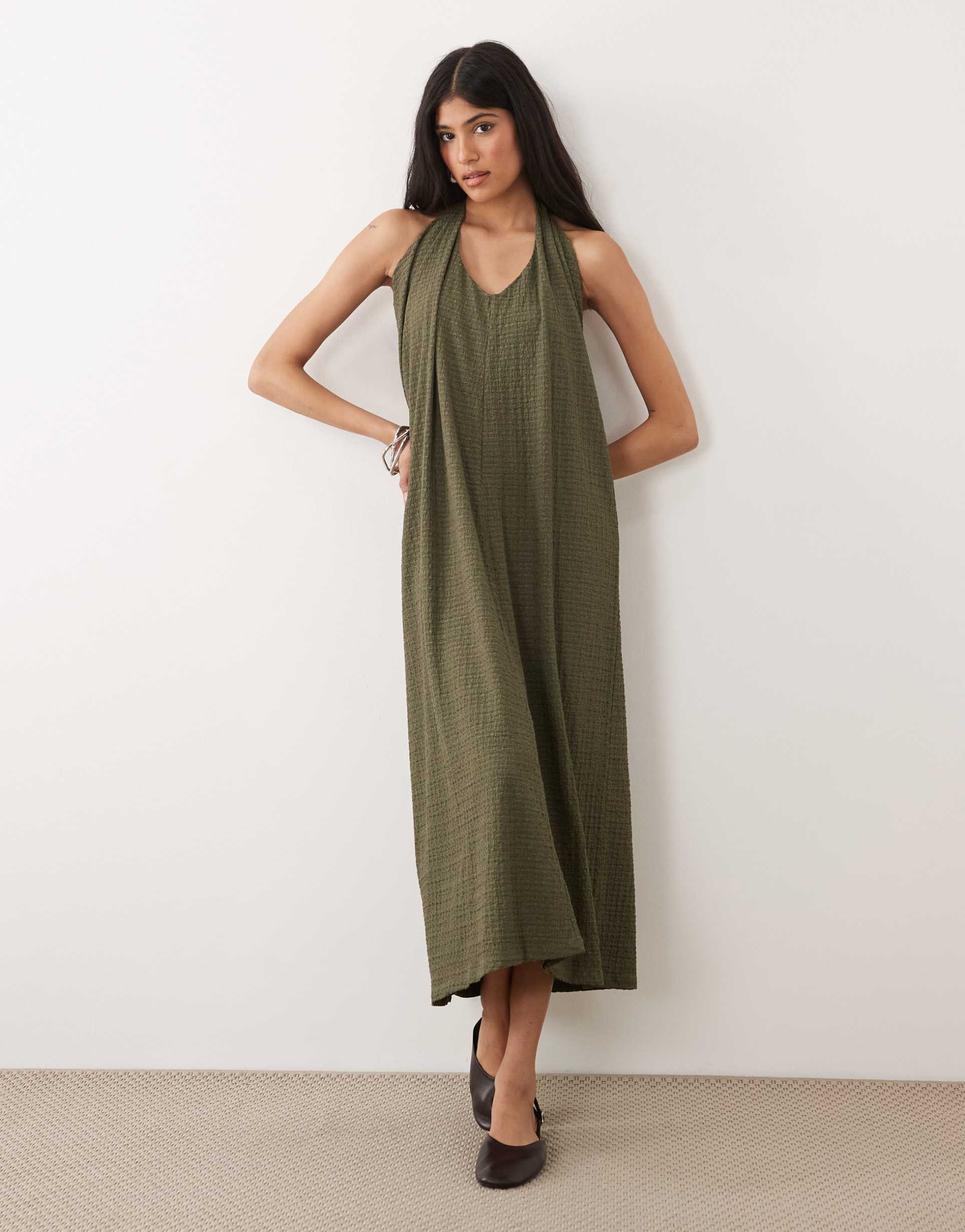 asos design one shoulder textured midi sundress in khaki