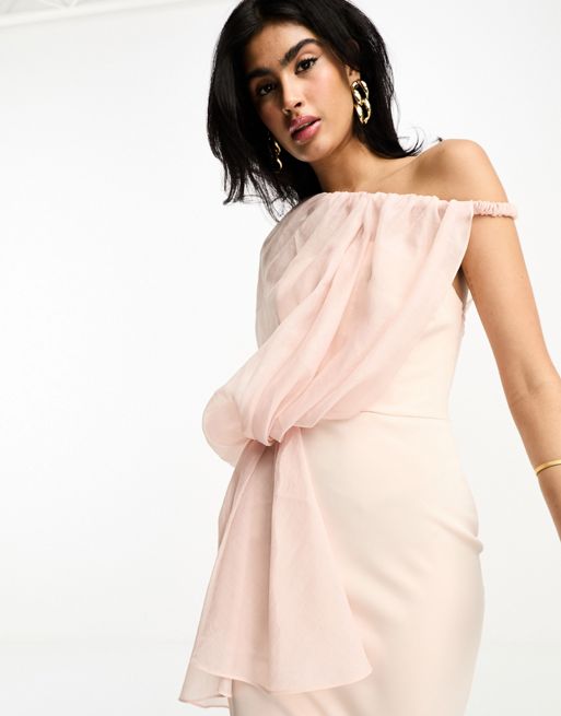 ASOS DESIGN one shoulder textured organza midi dress in blush pink