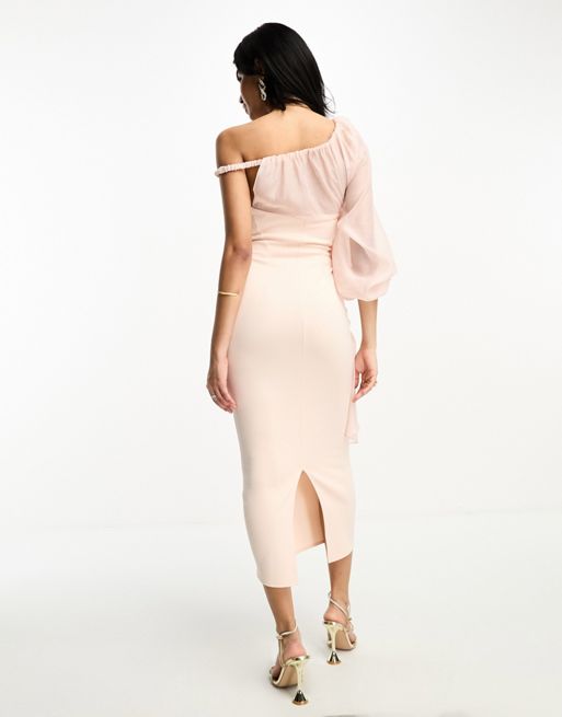 ASOS DESIGN one shoulder textured organza midi dress in blush pink