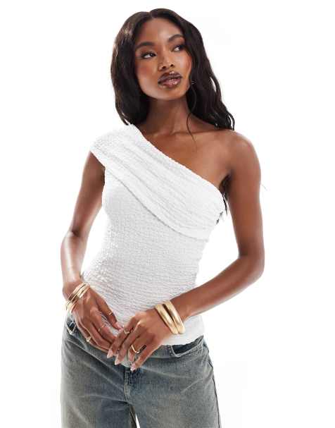 ASOS DESIGN one shoulder textured top in white - view 1