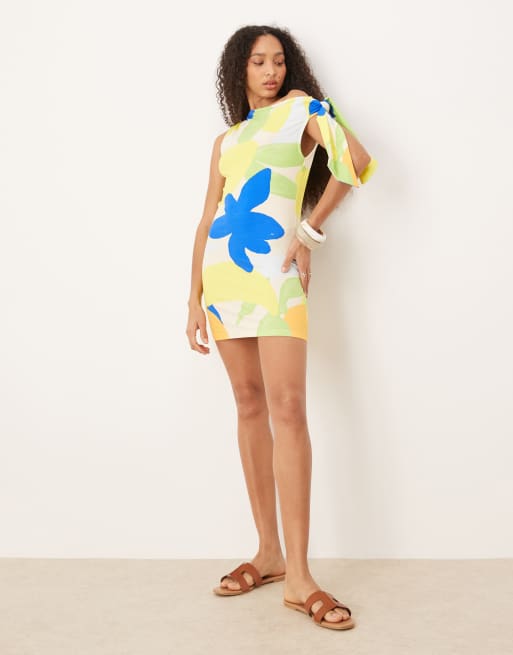 ASOS DESIGN one shoulder tie knot detail mini dress enlarged floral print