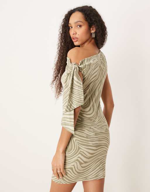 ASOS DESIGN one shoulder tie knot detail mini dress in green zebra print