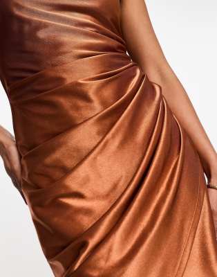 ASOS DESIGN one shoulder tie stretch satin mini dress in chocolate