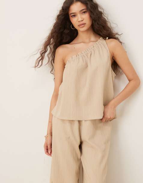 ASOS DESIGN one shoulder top co-ord in stone