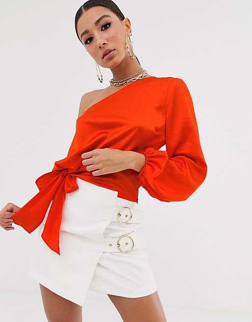 ASOS DESIGN one shoulder top in satin with knot detail | ASOS