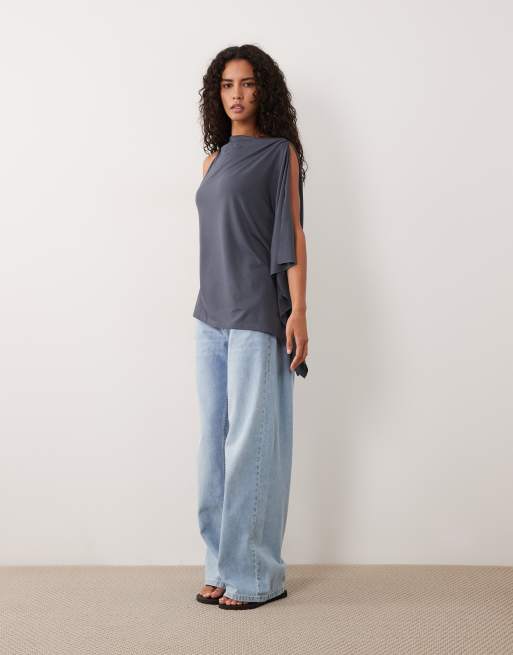 ASOS DESIGN one-shoulder top med kappeeffekt i kulsort, 4 af 4