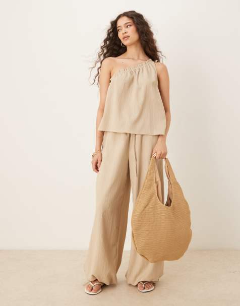 ASOS DESIGN one shoulder top & pull on palazzo trousers co-ord in stone - view 1