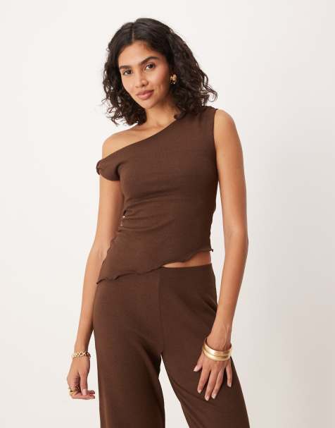 ASOS DESIGN one-shoulder top with asymmetric hem in dark brown - part of a set - view 1