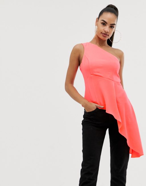 ASOS DESIGN one shoulder top with asymmetric hem in neon