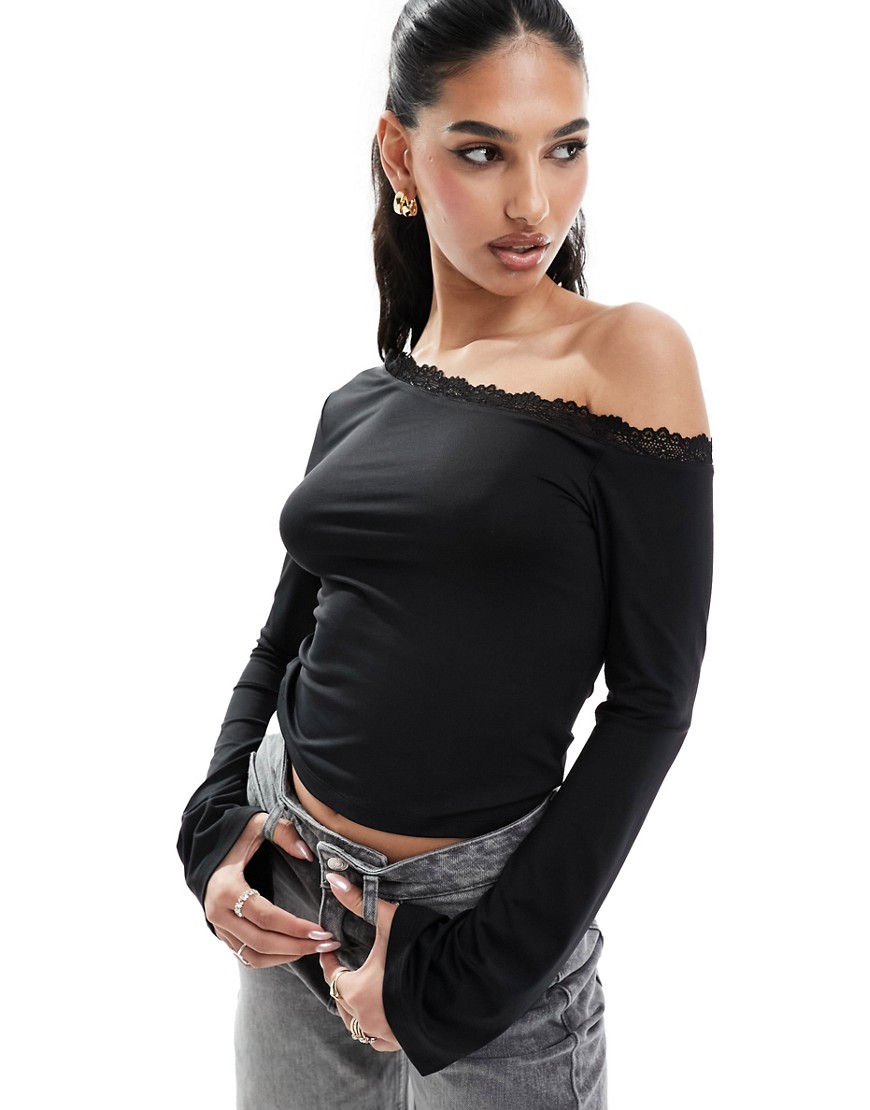 ASOS DESIGN one shoulder top with lace trim in black