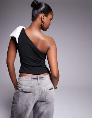 Asos Design One Shoulder Top With Large Bow In Black