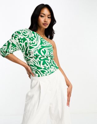 ASOS DESIGN one shoulder top with ruched side in green & cream floral print