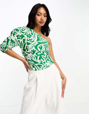 Asos Design One Shoulder Top With Ruched Side In Green & Cream Floral Print-multi