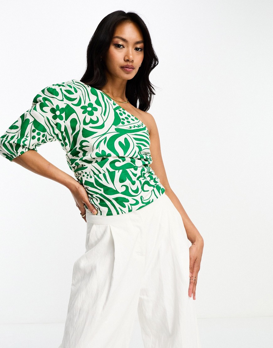 ASOS DESIGN one shoulder top with ruched side in green & cream floral print-Multi