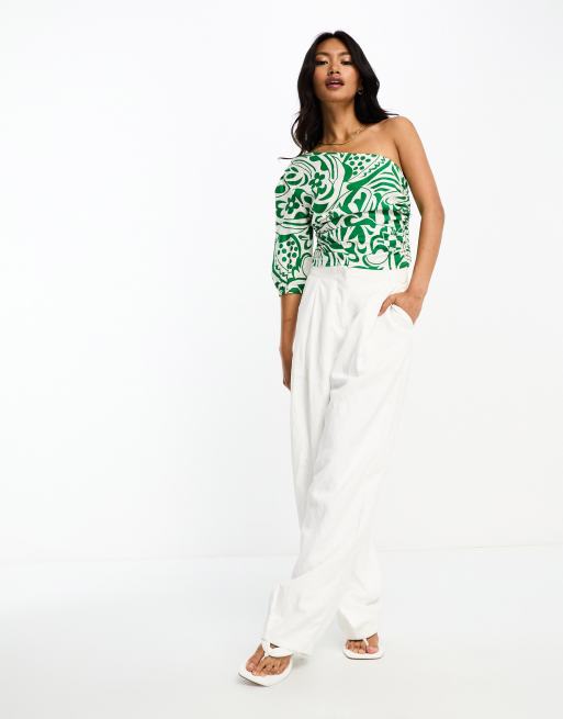 ASOS DESIGN one shoulder top with ruched side in green & cream