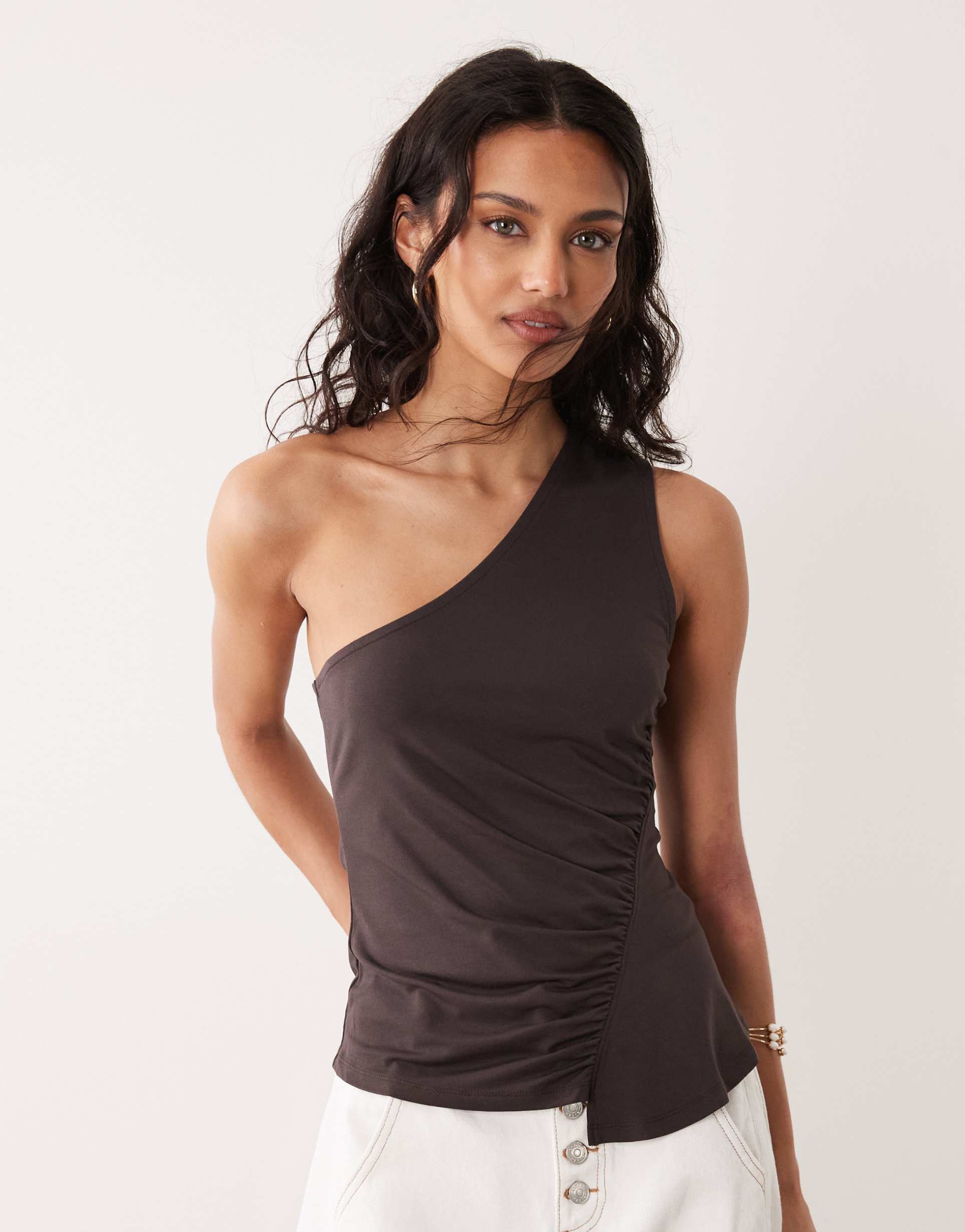 asos design one-shoulder top with ruching in brown