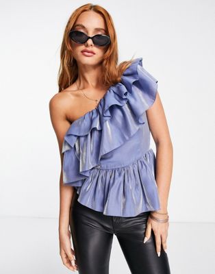 ASOS DESIGN one shoulder top with ruffle and peplum hem in shimmer blue - ASOS Price Checker