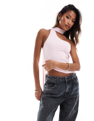 Asos Design One-shoulder Top With Skinny Tie In Chocolate Stripe-brown