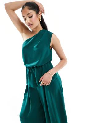 Asos Design One-shoulder Top With Tie In Dark Green - Part Of A Set