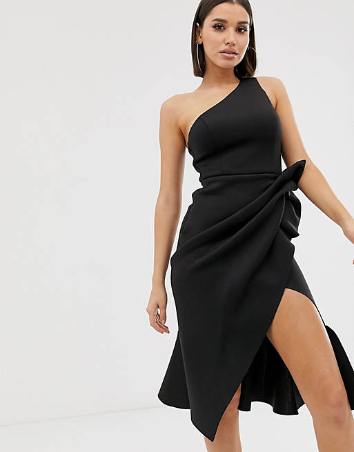 ASOS DESIGN one shoulder tuck detail midi dress in black | ASOS