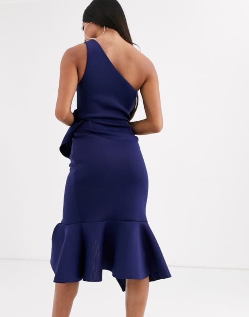 ASOS DESIGN one shoulder tuck detail midi dress in navy ASOS