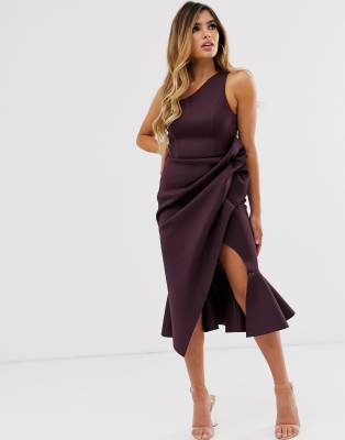 one shoulder split midi dress