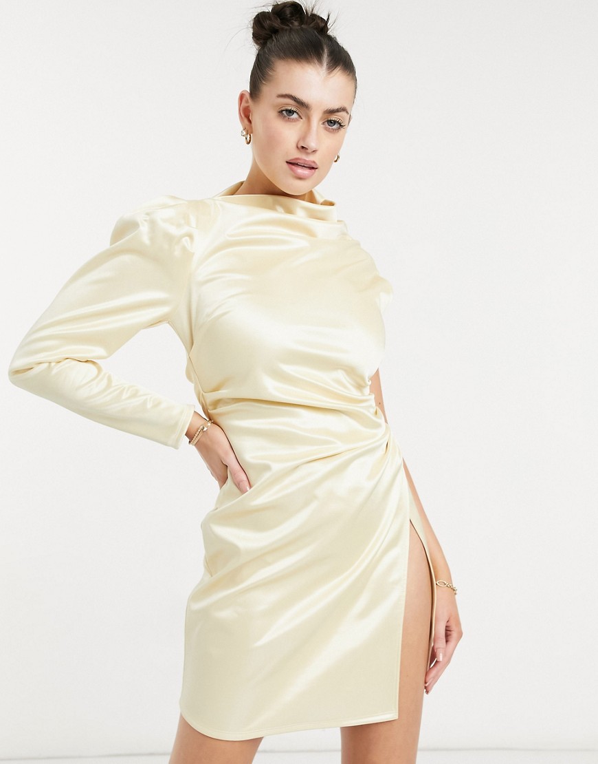 Asos Design One Shoulder Tuck Wrap Mini Dress In Champagne Gold